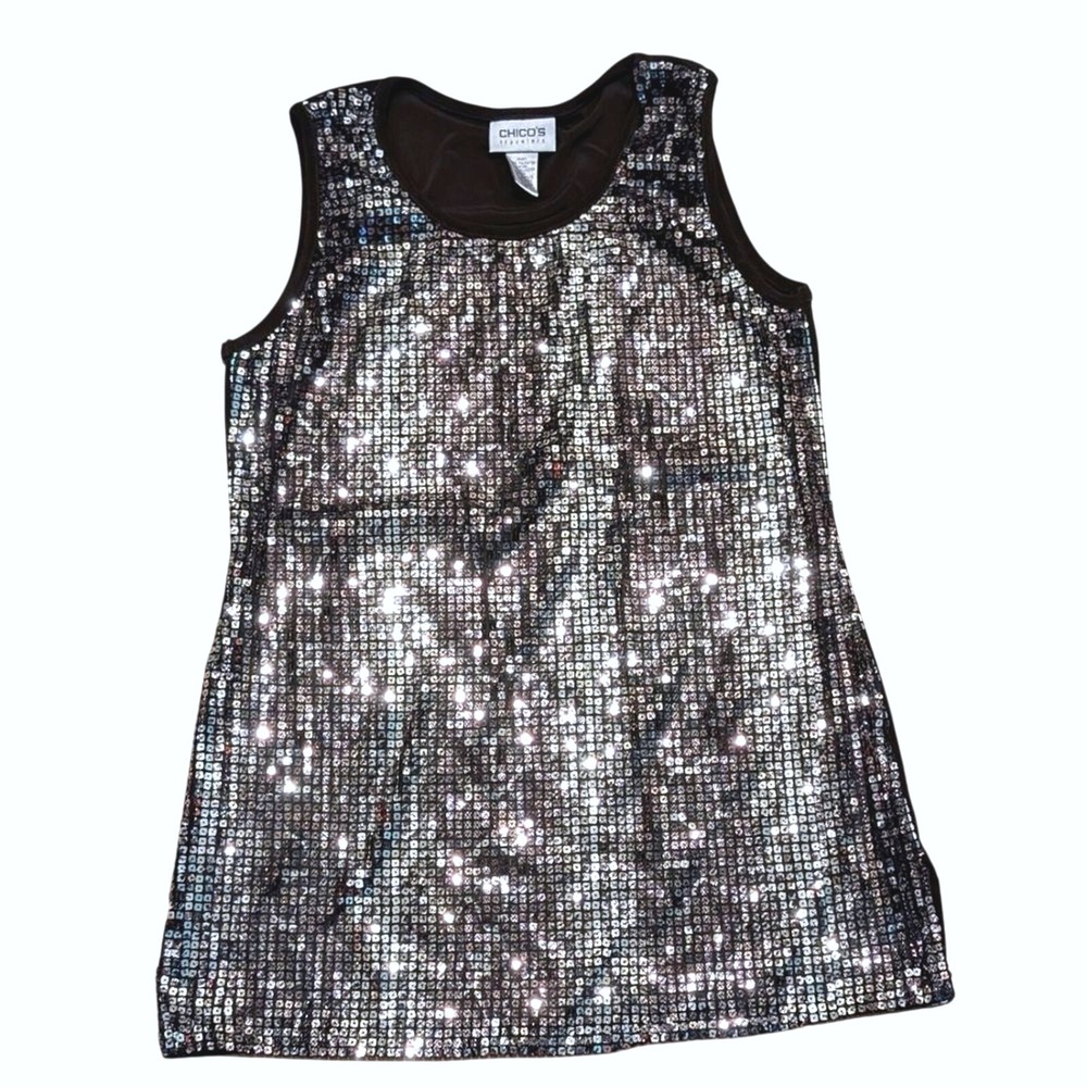 Chicos Travelers Size 1 Brown Sequined Tank Top Tunic Shirt Blouse‎ Made In USA
